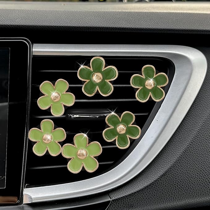 ORIESSE Green Flower Car Decor,6pcs Green Daisy Air Vent Clips Car Air Fresheners,2 Sizes Sage and Olive Green Flowers Dashboard Decorations Accessories for Women,Girly Refillable Diffuser