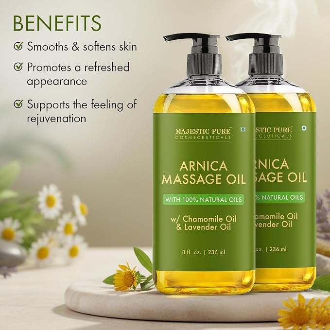 MAJESTIC PURE Arnica Sore Muscle Massage Oil for Massage Therapy-Refreshing & Relaxing-Natural Oils Lavender & Chamomile Essential Oils-All Skin Types- Men & Women Massage Lotion- 8 fl oz (Pack of 2)