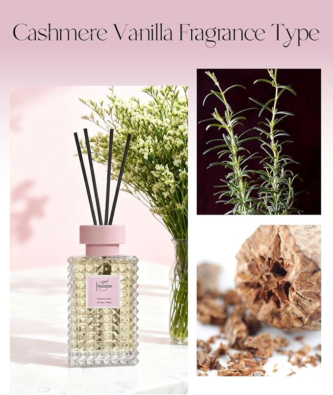 Reed Diffuser Set, Cashmere Vanilla Scented Home Fragrance Air Freshener for Bathroom Shelf Decor, 5.07 fl oz/150ml Essential Oil with Sticks