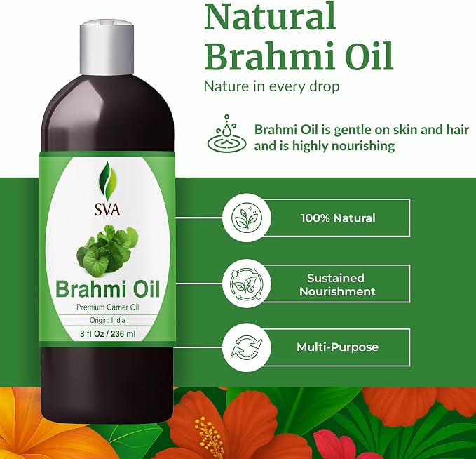 SVA Brahmi Oil - 8 Fl Oz – 100% Natural Cold Pressed Brahmi Oil - for Face, Skin Care, Hair Care, Scalp Massage & Body Massage – Carrier Oil with Pump