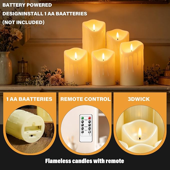 Nimiko Flameless Candles with Remote, Battery Operated Flickering Flameless Candles, LED Candles with Timer 2/4/6/8H, Realistic Drop Wax flameless Candle Set of 9 (D3 x H 3" 4" 5" 6" 7") (Ivory)