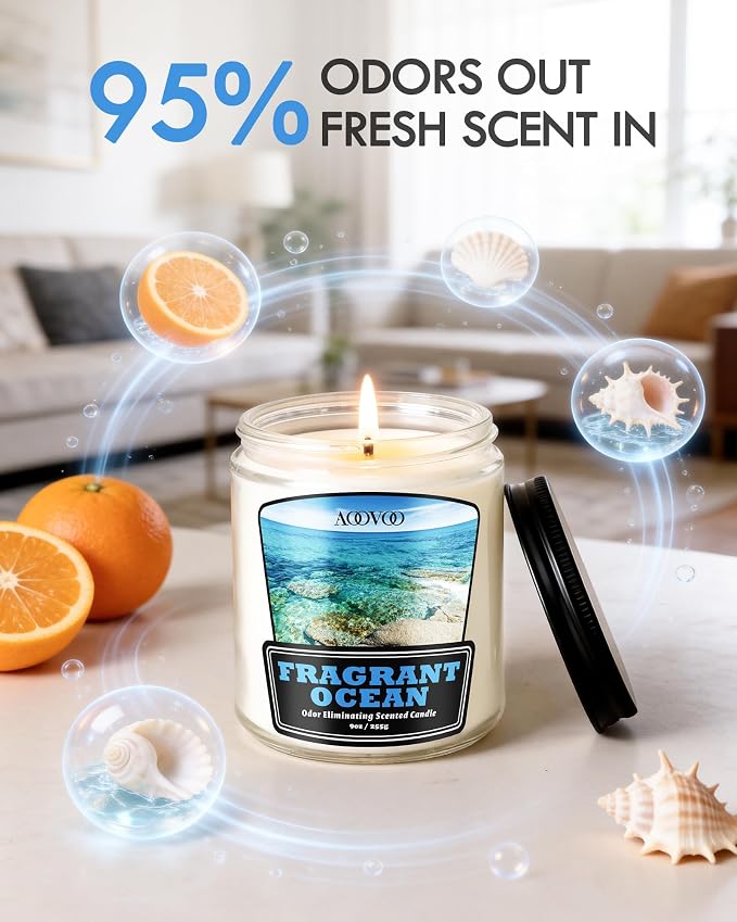 AOOVOO Ocean 2 Pack Odor Eliminating Candle - Up to 100 Hours Burn time, Eliminates 95% of Pet, Smoke, Food, and Other Smells Quickly, 18 oz Non Toxic Highly Fragranced Air Freshing Soy Candle