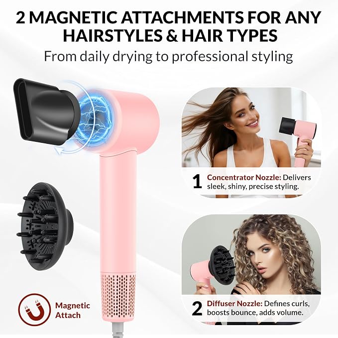 Chignon Hair Dryer with Diffuser, Ionic Travel Hairdryer with 160,000 RPM High-Speed Motor for Fast Drying, 1600W Lightweight Blow Dryer with Concentrator for Women Men, Professional Salon Home, Pink
