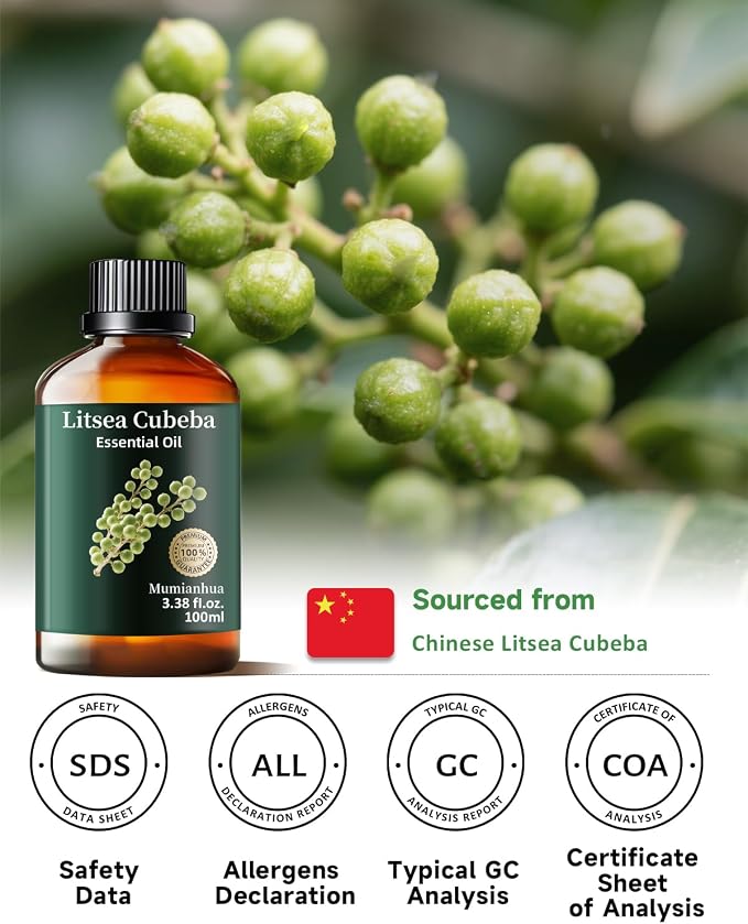 Litsea Cubeba (May Chang) Essential Oil, Pure May Chang Oil Mumianhua Refreshing Lemon-Citrus Scent for Diffuser, Oily Skin & Natural Cleaning, Uplifts Mood & Purifies Air, 3.38 Fl Oz