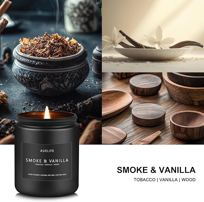 Auelife Smoke Vanilla Candle, 7 oz Soy Candle for Men | 50H Burn Time, Cotton Wick, Matte Black Jar, Home Office Decor, Gift Box Included