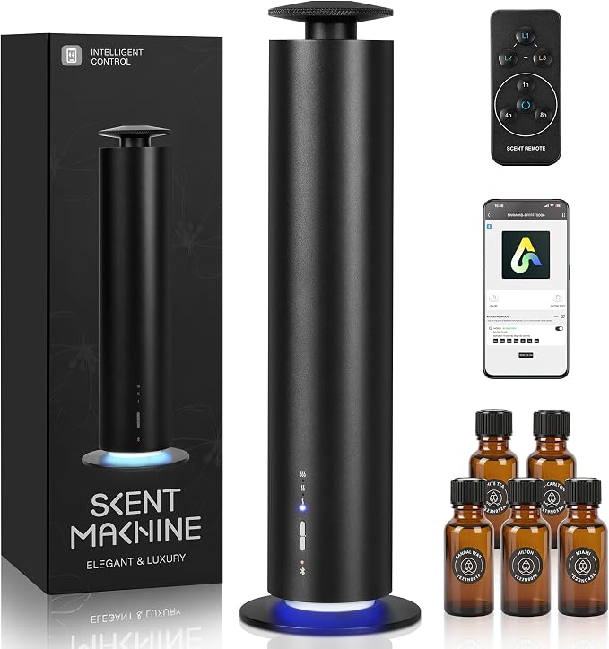 JEKAL Waterless Scent Diffuser Starter Kit with 5 Oils - Smart APP Cold Air Scent Machine, Up to 2000 Sq Ft for Homes Offices Hotels Spas - Quiet Essential Oil Diffuser 8H Battery 3-Color Light, Black