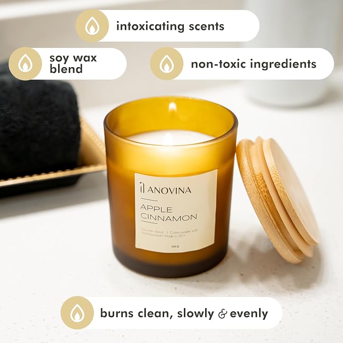 Anovina Apple Cinnamon Candles – Cozy Apple & Cinnamon Scented Candle – Non-Toxic Soy Wax, Long-Lasting Fall & Christmas Home Décor, Holiday Gifts for Women & Home Fragrance