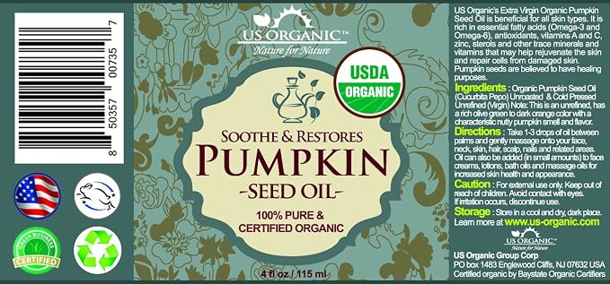 US Organic Pumpkin Seed Oil, USDA Certified Organic,100% Pure & Natural, Cold Pressed Virgin, Unrefined in Amber Glass Bottle w/Glass Eyedropper for Easy Application (Large (4 oz, 115 ml))