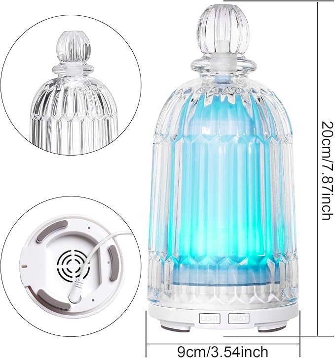 120ml Glass Essential Oil Diffuser, Ultrasonic Aroma Diffuser Glass Cover & Plastic Reservoir with Auto Shut-Off, 7 Colors LED Light for Home, Bedroom, Office, Yoga(White Base)