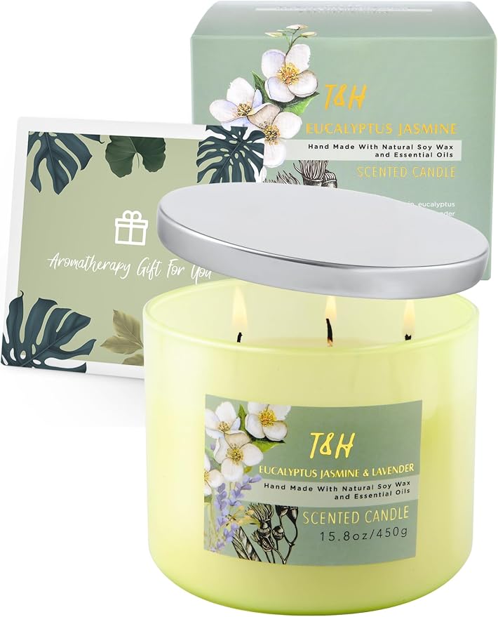 Eucalyptus Jasmine Lavender Scented Candle | 3-Wick Large Soy Candle for Home, 15.8 oz | Eucalyptus & Lavender Aromatherapy Candle | Self Care Gifts for Women, Candles for Men