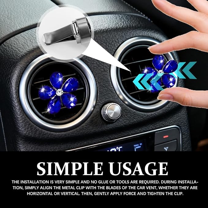 5PCS Bling Daisy Flower Car Air Vent Clips, Car Diffuser Vent Clip, Sparkling Crystal Rhinestone Cute Auto Air Conditioning Clamp, Diamond Air Outlet Clip Decor for Women Girls (Blue)