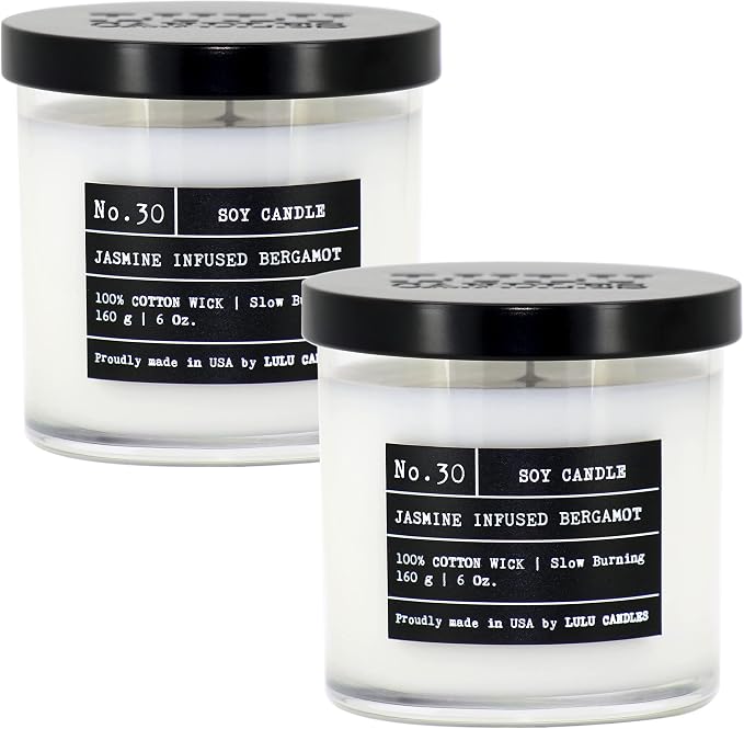 Lulu Candles | Jasmine Infused Bergamot | Luxury Scented Soy Jar Candle | Hand Poured in The USA | Highly Scented & Long Lasting- 6 Oz. 2 Pack