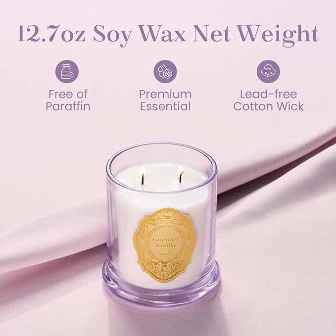 M&SENSE Lavender Vanilla Candles for Home Scented, 2 Wick 12.7oz Soy Wax Candles Non Toxic,70 Hours Long Burning,Non Toxic Candles Gift for Stress Relief, Meditation, Yoga