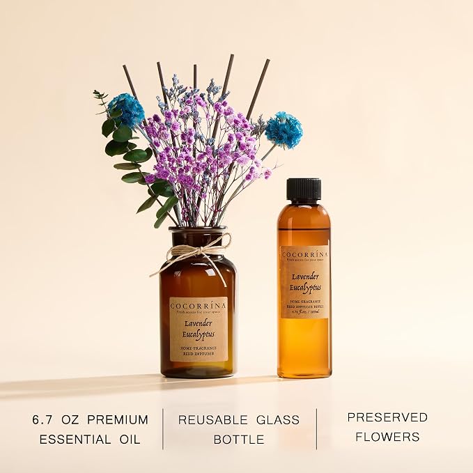 Cocorrína Reed Diffuser Set, 6.7oz Flower Reed Diffuser with Real Preserved Flowers - Lavender & Eucalyptus Scented Oil & Sticks - Long Lasting Home Fragrance for Bedroom Bathroom Shelf Decor