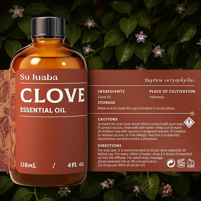 SU JUABA Clove Essential Oil 4 Oz, Aromatherapy Oil for Oral Care, Teeth & Gums, Diffuser, Skin, Hair - 118ML