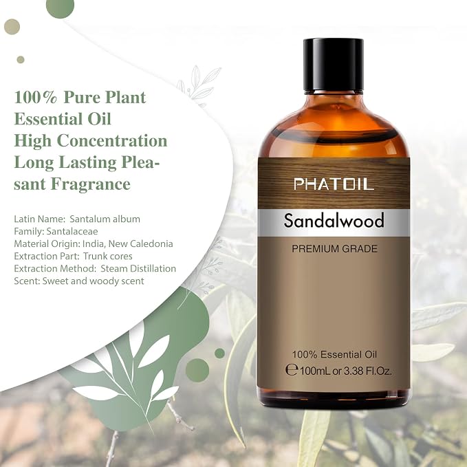 PHATOIL 100ML Sandalwood Essential Oil, Pure Aromatherapy Essential Oils for Diffuser, Humidifier, Scented Oils for Soap, Candle Making, Huge 3.38fl.oz Bottle