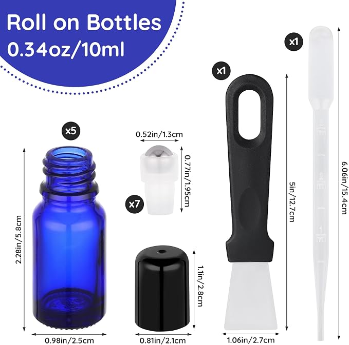 Segbeauty 0.34oz Empty Rollerball Bottles for Oil, 10ml Mini Glass Roller Bottles for Essential Oils, 5pcs Blue Travel Size Roller Ball Applicator Container, Small Travel Perfume Bottle Refillable
