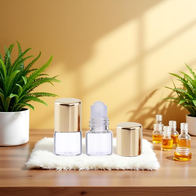 12Pcs Gold 1ml Glass Roller Bottles - Refillable Essential Oil Roll-On for Aromatherapy | Mini Travel-Size Sample Vials with Roller Balls,Aromatherapy Supplies, Essential Oil Accessories