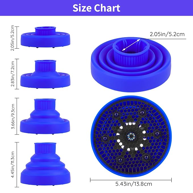 Foldable Blow Dryer Diffuser, Segbeauty Travel Hair-styling Hair Diffuser, Professional Dryer Diffuser Attachment for Natural Thick Curly Hair with Nozzle 1.54 to 1.69 inches - Blue