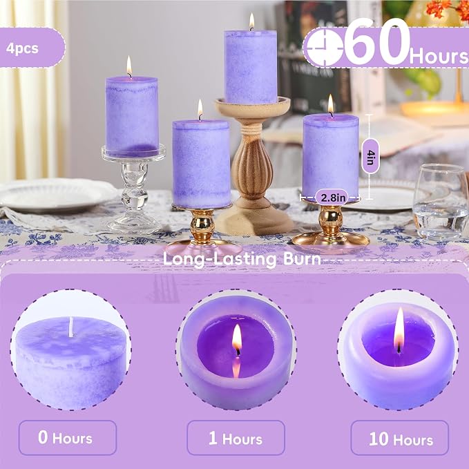 4 Pack Lavender Scented Pillar Candles-2.8x4 in Purple Decorative Candles,60-Hour Long Lasting Burn,Handmade Rustic Pillar Candles for Home Fragrance,Stress Relief, Home Spa & Meditation