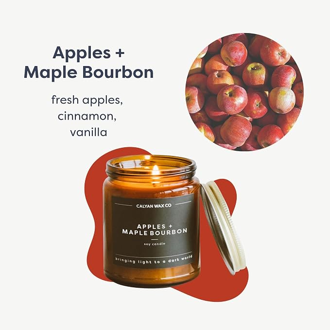 Calyan Wax Co. Apples & Maple Bourbon Scented Candle - 57 Hour Burn - Luxury Clean Soy Wax Candles - Long Lasting Amber Glass Jar Candle for Home - 7.2oz