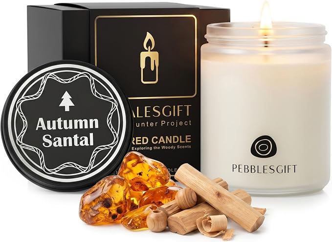 Autumn Santal Woody Scented Candle 9oz Soy Wax Frosted Glass Jar for Home Decor - Scent Hunter Scented Card Included - Ideal Gift for Self-Care & Relaxation for Men & Women Gift