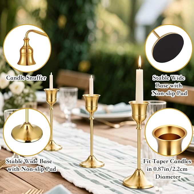 26 Pcs Brass Gold Taper Candle Holders Set, Vintage Metal Candlestick Holders Plus Candle Snuffer Brass Home Decor for Table Centerpiece,Wedding Reception,Festive Christmas Mantel Housewarming