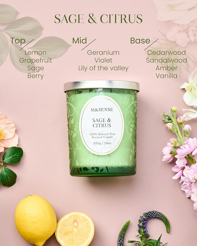M&SENSE Sage Citrus Soy Candle, Cracking Wooden Wick 18oz | 100 Hours Long Lasting, Clean Burn, Winter Aromatherapy, Non-Toxic, Relaxing Gifts For Women