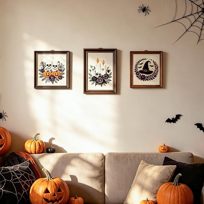 FONNUY Halloween Embroidery Kits for Beginners,Skull Pumpkin Spider Web Floral Stamped Cross Stitch Kit for Adults, Spooky Season Boho Wall Decor, 8'' Hoop (Candles)
