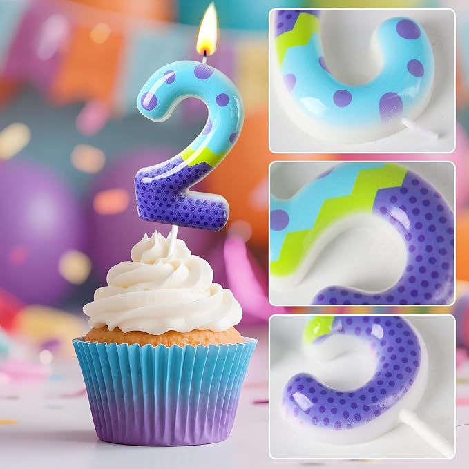 Number 2 Birthday Candle for Cake – Colorful Polka Dot & Patchwork Design – Fun Cake Topper Decoration for Birthday Celebration