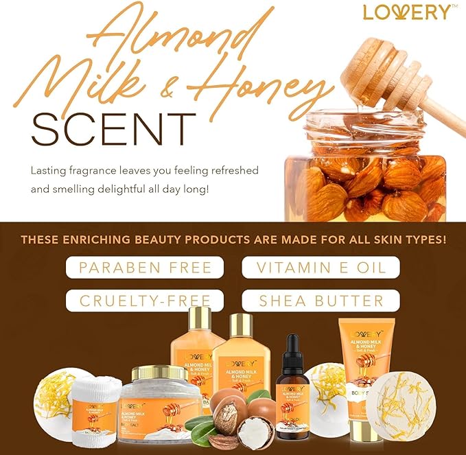 Gifts for Women Gift Basket for Women - 10 Pc Almond Milk & Honey Beauty & Personal Care Set - Home Bath Pampering Package for Relaxing - Spa Self Care Kit - Birthday, Mom, Anniversary Gift