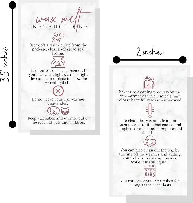 Wax Melt Care Instruction Cards | 50 Pack 2x3.5” Business Card Wax Melt Supplies Homemade Customer thank you for Warmer Minimalist Marble Mauve Pink How To Care for wax cube clamshell wickless candle