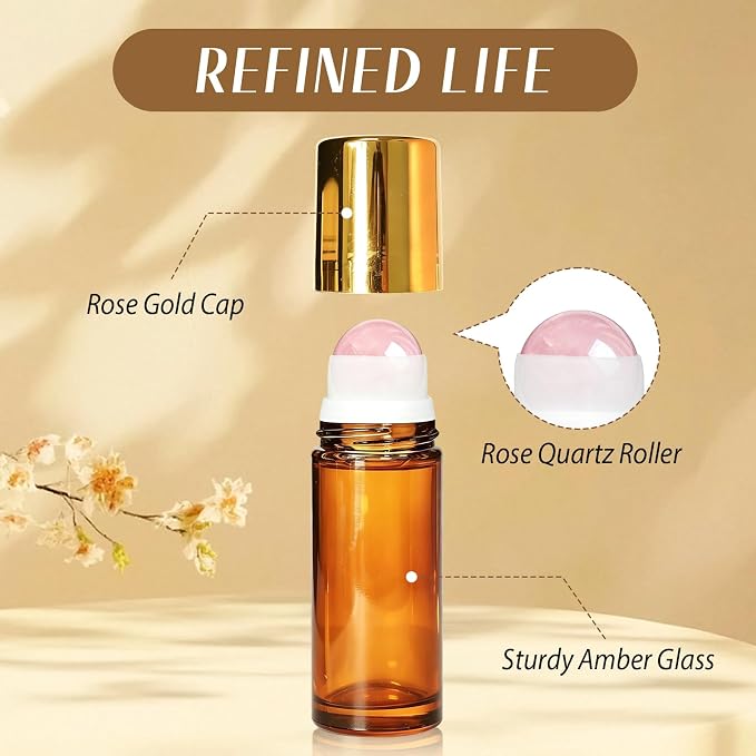 Cocurb 1oz Rose Quartz Roller Bottle for Castor Oil,Essential Oils and Skincare DIY,Refillable Leak-Proof Amber Glass Roll on Bottle Empty Deodorant Container with Gold Cap&Storage Bag