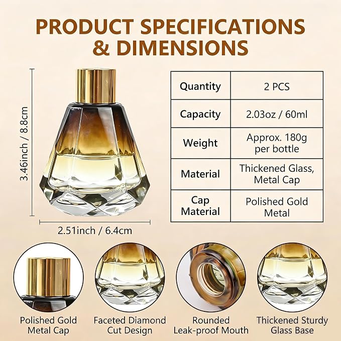 2 Pack 2oz Amber Reed Diffuser Bottles, Empty Refillable Diamond Style Glass Aromatherapy Bottles with Gold Caps & Inner Stoppers for Bathroom, Home & Office Fragrance DIY