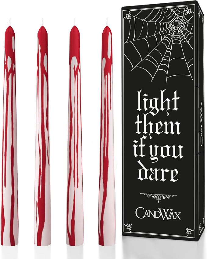 CANDWAX 12 inch Taper Candles Set of 4 - Unscented Tapers Burning for 10 Hours - No Drip Candlesticks Ideal for Halloween or Other Themed Party - Blood White