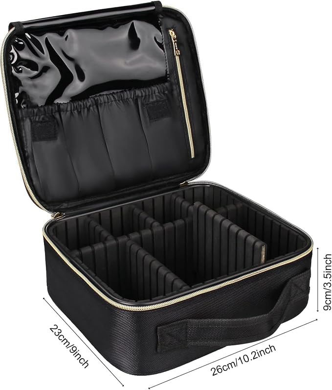 Relavel Travel Makeup Train Case Makeup Cosmetic Case Organizer Portable Artist Storage Bag with Adjustable Dividers for Cosmetics Makeup Brushes Toiletry, Black with Gold Zipper