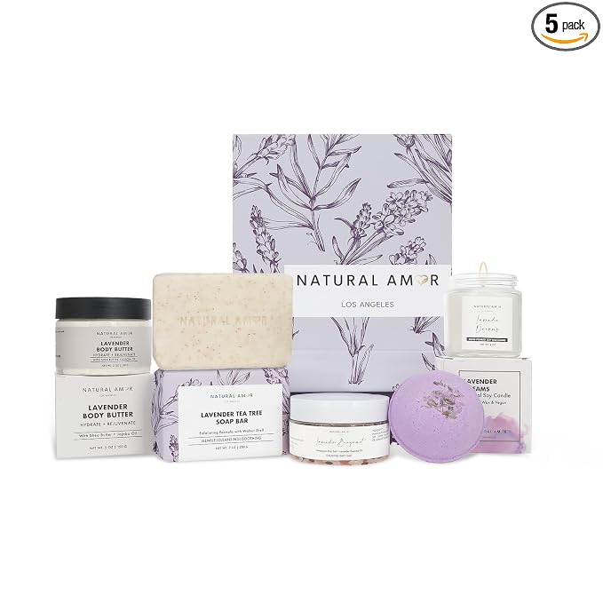 Natural Amor 5-Piece Lavender Spa Gift Set – Bath Bomb, Body Butter, Bar Soap, Bath Salt, Candle – Relaxing Self Care Kit for Women – Gift Box for Birthday, Thank You, Get Well