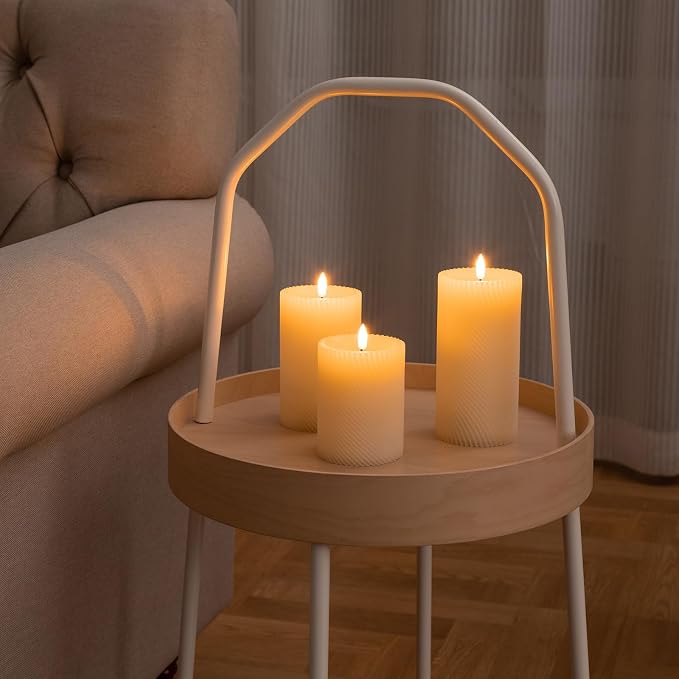 ANGELLOONG Flickering Flameless Candle with Remote, Real Wax Battery Operated Candles with Timer, Set of 3 Fake LED Electric Pillar Candles for Home Party Holiday Christmas Decor, Twill