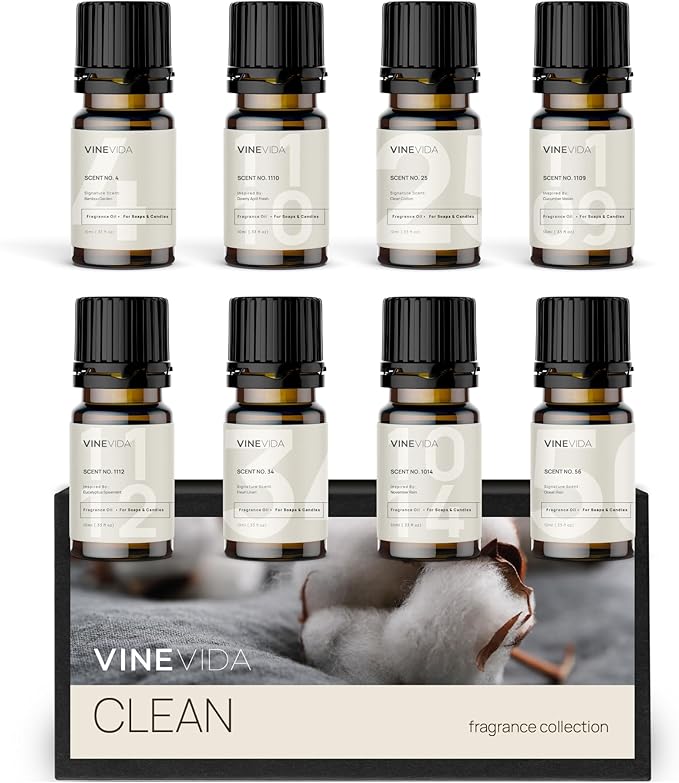 VINEVIDA [Set of 8] Clean Scents for Candle Making, Made in USA Candle Fragrance Oil, Soap Making Essential Oils, Diffuser Oil Scents