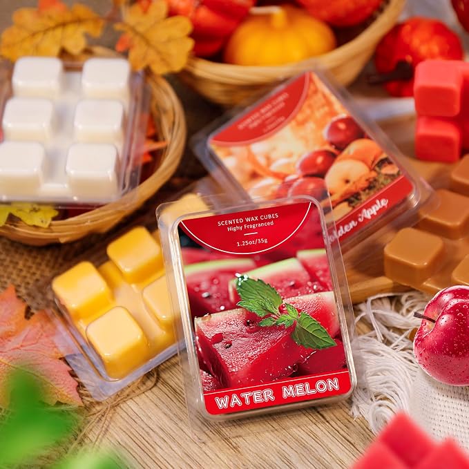 STRN Scented Wax Melts, Soy Wax Cubes Fruit & Food Strong Long-Lasting Summer Fragrances 12 Assorted Scents, Lemon, Mango, Mint, Bedroom, for Living Room, Office, 12 * 1.25 oz