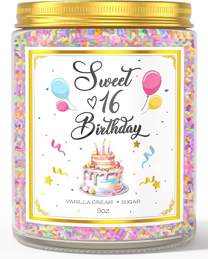 VEGISHINE Sweet 16 Birthday Candles for Women - 9 oz Happy Birthday Candle with Vanilla Birthday Cake Scent, Gifts for Women & Men, Friendship Ideas