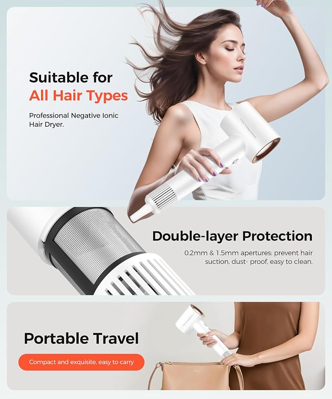 Cosy Companions Hair Dryer, 150000 RPM High-Speed Blow Dryer with 500Million Negative Ions for Fast Drying, Lightweight & Thermo-Control, Hair Dryer with Diffuser, Ideal for Salon & Travel, White