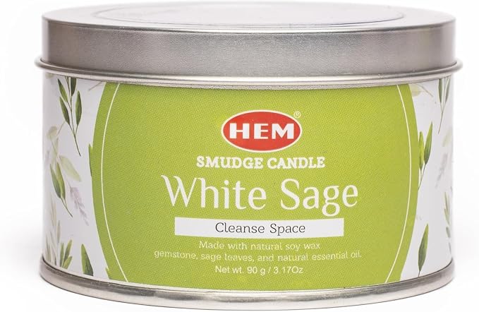 HEM White Sage Smudge Candle – 3.2 oz Natural Soy Wax with Healing Crystals Inside | Scented Candle for Cleansing, Meditation, Yoga & Relaxation | Long Lasting 20 Hr Clean Burn
