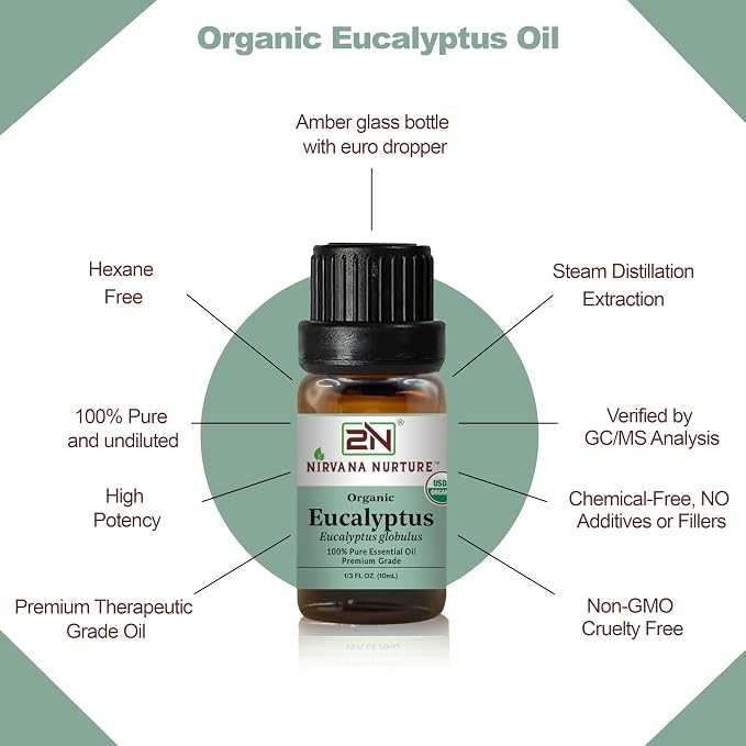 Eucalyptus Essential Oil, USDA Certified Organic, 100% Pure Undiluted, Aromatherapy Oil for Diffuser, Hair & Skin Care