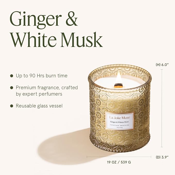 LA JOLIE MUSE Ginger & White Musk Candle | Ginger, Lemongrass & Musk | 19 oz Wooden Wick | Natural Soy Wax | 90 Hours Clean Burn | Gift-Ready for Hosts & Gathering| Seasonal Home Décor