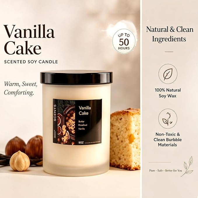 Natural Soy Wax Vanilla Cake Candle, 50 Hour Clean Burning Gourmand Aromatherapy Candle for Relaxation, Home, Spa, Yoga, Bedroom & Holiday Gifts Sweet Gourmand Aromatherapy Candle
