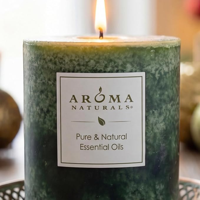 Aroma Naturals Holiday Juniper, Spruce and Basil Essential Oil Pillar Candle, Fresh Forest, 3 inch x 3.5 inch