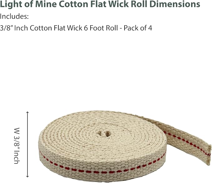Light of Mine - 3/8" Inch 6' Foot, 100% Cotton Flat Wick - 4 Pack, for Paraffin Oil, Kerosene Based Lanterns, and Oil Lamps with Genuine Red Stitch (3/8" - 6' Roll, 4 Pack)