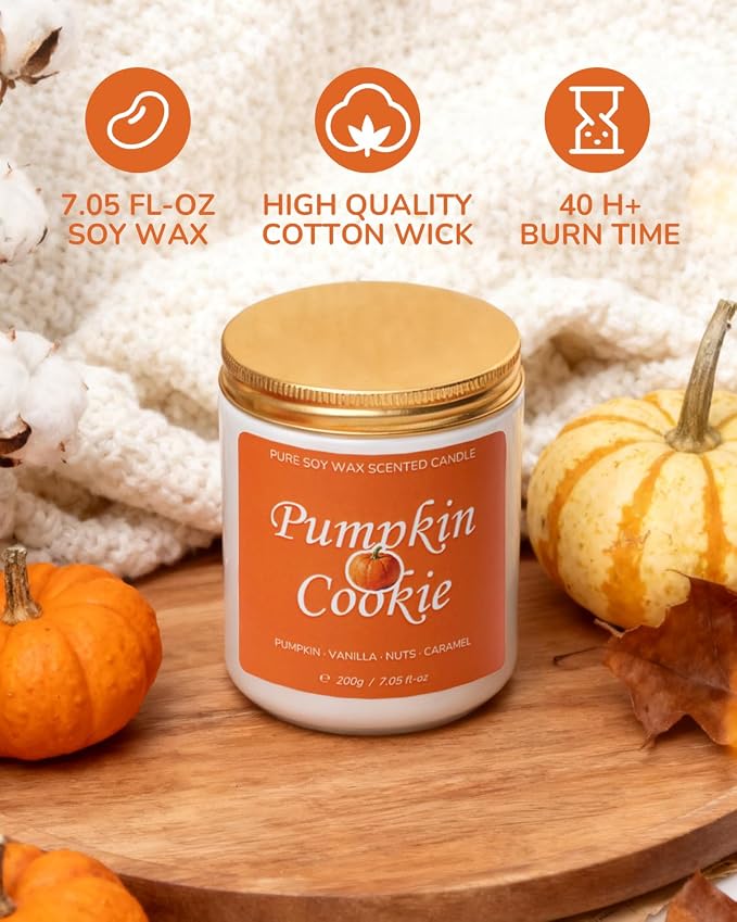 Fall Scented Candle for Home, Pumpkin Cookie 7.05 oz 40 Hour Burn Time, Long Lasting Soy Jar Candle, Gifts for Christmas, Halloween, Mother's Day, Inspirational Gifts for Women, Aromatherapy