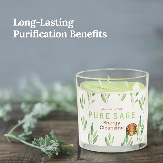Magnificent 101 Pure Sage Energy Cleansing Aromatherapy Glass Candle for Meditation, Manifestation, and Intention-Setting - 14.5 oz Natural Soy Wax and Essential Oil | 56-Hour Burn Time
